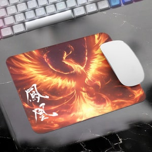 Kleines Phoenix & Houou Mauspad - Asiatisches mythisches Feuervogel Design mit japanischem Kanji, kleines Schreibtischzubehör für Mythologie-Liebhaber