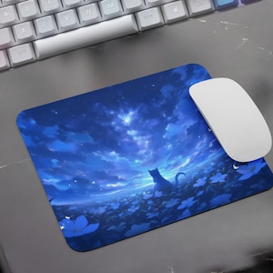 Sternenklare Nacht Katzen Mauspad, Verträumte Sternenlandschaft Mauspad mit Katze, Schöne Wolke und Blumen Landschaft Mauspad, Kleines Mauspad