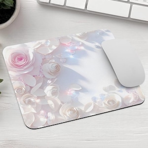 Elegantes weiße Rose Design Mauspad, kleines Mauspad, Blumen Mauspad, einfaches Blumen Mauspad, anmutige Rose Schreibtischzubehör Mauspad