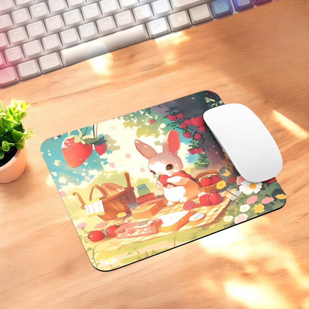 Adorable Strawberry Rabbit Mouse Pad, Cute Bunny Picnic Mouse Pad ...
