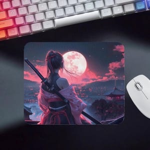 Japanisches Kunoichi Ninja Mauspad - Japanische Mondnacht, Samurai Frau Mauspad - Ninja und Pagoda Art