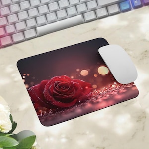 Romantische Rose Maus Pad - elegantes Rotes Blüten Design, glamouröse Rose Maus Pad - funkelnde Schönheit der Nacht, dunkelrote Rose, kleine Maus Pad