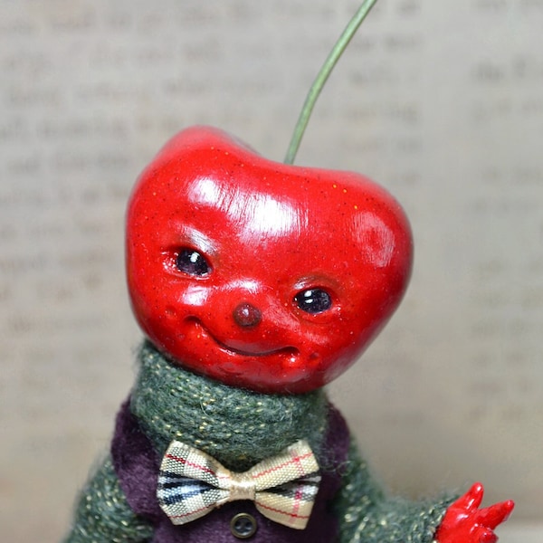 Whimsical Cherry Goblin Art Doll - OOAK doll, Posable Miniature Doll, anthropomorphic, poseable art doll creatures