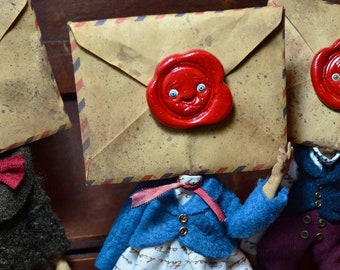 Sealed envelope doll, Wax seal, fantasy art dolls, art dolls, anthropomorphic doll,creepy cute, sealed letter,ooak, sandra arteaga creatures