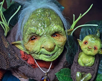 Muñeca de Bruja Verde, pieza única (OOAK) – Escultura de criatura fantástica, pieza de colección de hada del bosque.