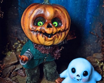 Dark Whimsical Haunted Art Doll Set - Pumpkin Guy & Tiny creepy cute Ghost - Gothic Fantasy, mystery, strange doll, poseable art doll