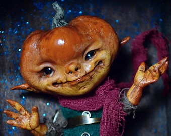 Pumpkin Goblin Art doll - OOAK doll creature, Elf miniatures, autumn accents, cute halloween, fairy dolls, oddities and curiosities