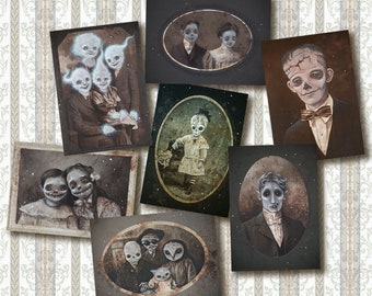 Set of 7 prints, halloween set, horror art, gothic home decor,monsters,horror prints,vampires,horror illustration,victorian portraits,ghosts