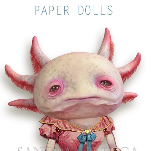 Carlota  -  PAPER DOLL -  articulated axolotl - 10.2 inches -  art doll magical creature freak carnival circus salmon pink paper puppet