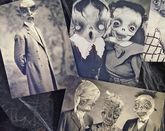 Set of 5 original Postcards -Set Halloween - monsters mummy zombie horror ghost scarecrow witches skull nosferatu vampire freak  art doll