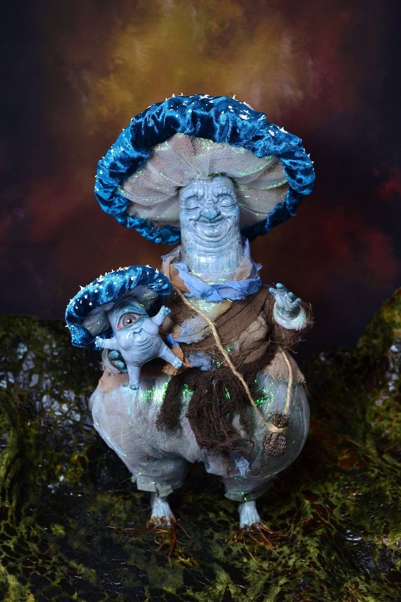 OOAK mushroom fairy art doll set with grandmother and cyclops baby, handmade polymer clay fantasy creature sculpture with blue mushroom caps