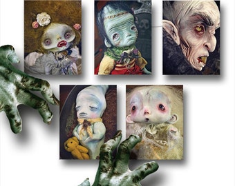 BOO - Set of 5  Halloween Postcards - monsters zombie frankenstein art doll ghost vampire nosferatu freak creatures spooky horror funny