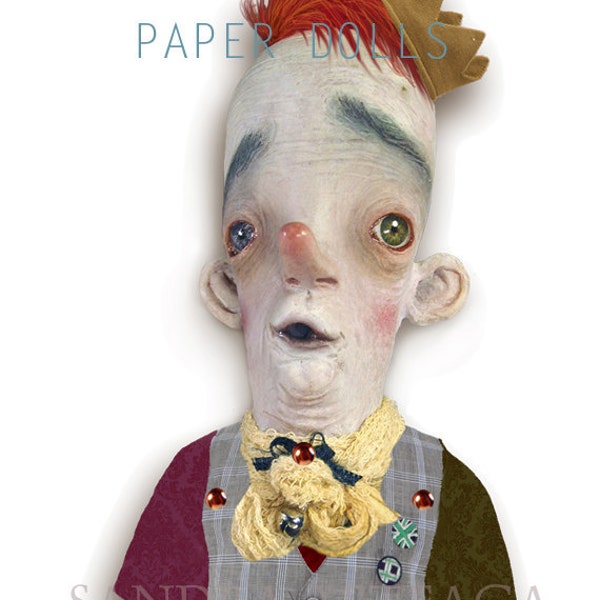 Pomodoro  - articulated PAPER DOLL -  15.2  inches - paper toy clown circus ring art doll prince freak stripes monkey master ring