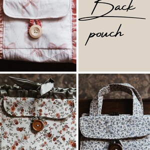 May include: A selection of fabric pouches, each with a unique floral design and wooden button fastening. One is pink with a bow pattern, another has a floral print with red and orange flowers, and the third has a blue floral design.