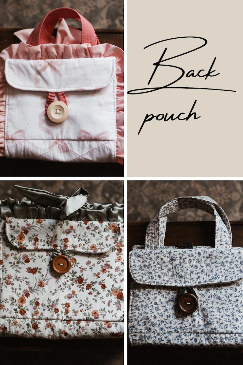 May include: A selection of fabric pouches, each with a unique floral design and wooden button fastening. One is pink with a bow pattern, another has a floral print with red and orange flowers, and the third has a blue floral design.