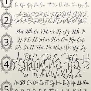 May include: Five different cursive fonts are displayed, each with a complete alphabet. The fonts are numbered and framed in ornate oval borders. The letters are in black against a light beige background.