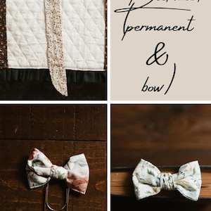 May include: A quilted bookmark with a floral ribbon and a bow tie. The bow tie is made of fabric with a floral pattern. The text "Bookmark permanent & bow" is also visible in the image.
