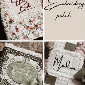 May include: A collection of embroidered items, including a floral Bible cover with "Holy Bible" in script, and patches with names like "Rutney" and "Madison". The text "Embroidery patch" is also present.