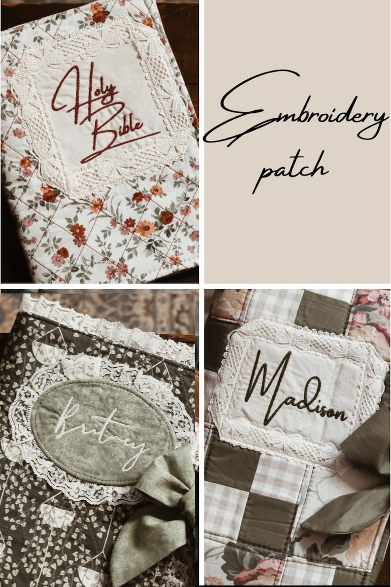 May include: A collection of embroidered items, including a floral Bible cover with "Holy Bible" in script, and patches with names like "Rutney" and "Madison". The text "Embroidery patch" is also present.