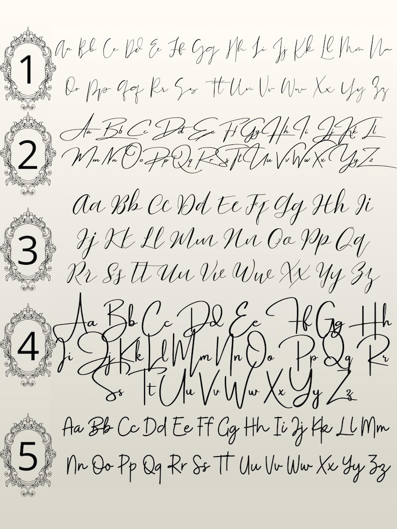 May include: Five calligraphy font styles are shown, each with a full alphabet in upper and lower case. The fonts are numbered and framed in decorative oval borders, displaying elegant script styles suitable for design work.