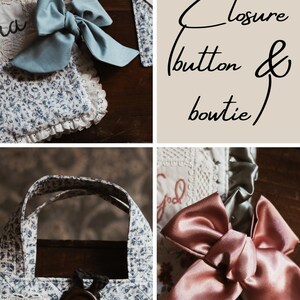 May include: A selection of handcrafted items with floral designs and bows. Includes a blue bow on floral fabric, a tote bag with a wooden button closure, and a pink satin bow. The image also has the text "Closure button & bowtie".