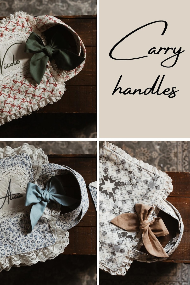 May include: Four fabric carry handles with bows and lace trim. The handles are decorated with names such as "Nicole" and "Alicia". The image also shows the text "Carry handles".