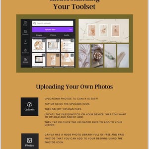 May include: A screenshot of the Canva app showing the "Uploads" and "Photos" icons. The text reads "Uploading Photos to Canva is Easy! Tap or click the Uploads icon. Then select 'Upload Files'. Locate the files/photos on your device that you want to upload and select Add. Then tap or click the uploaded files to add to your design. Canva has a huge photo library full of free and paid photos that you can add to your designs using the Photos icon."