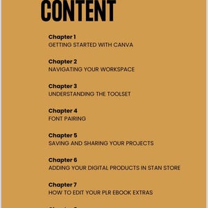 May include: Table of contents for a digital product guide on how to use Canva. Chapters include getting started, navigating the workspace, understanding the toolset, font pairing, saving and sharing projects, adding digital products to a store, editing ebooks, and licensing.