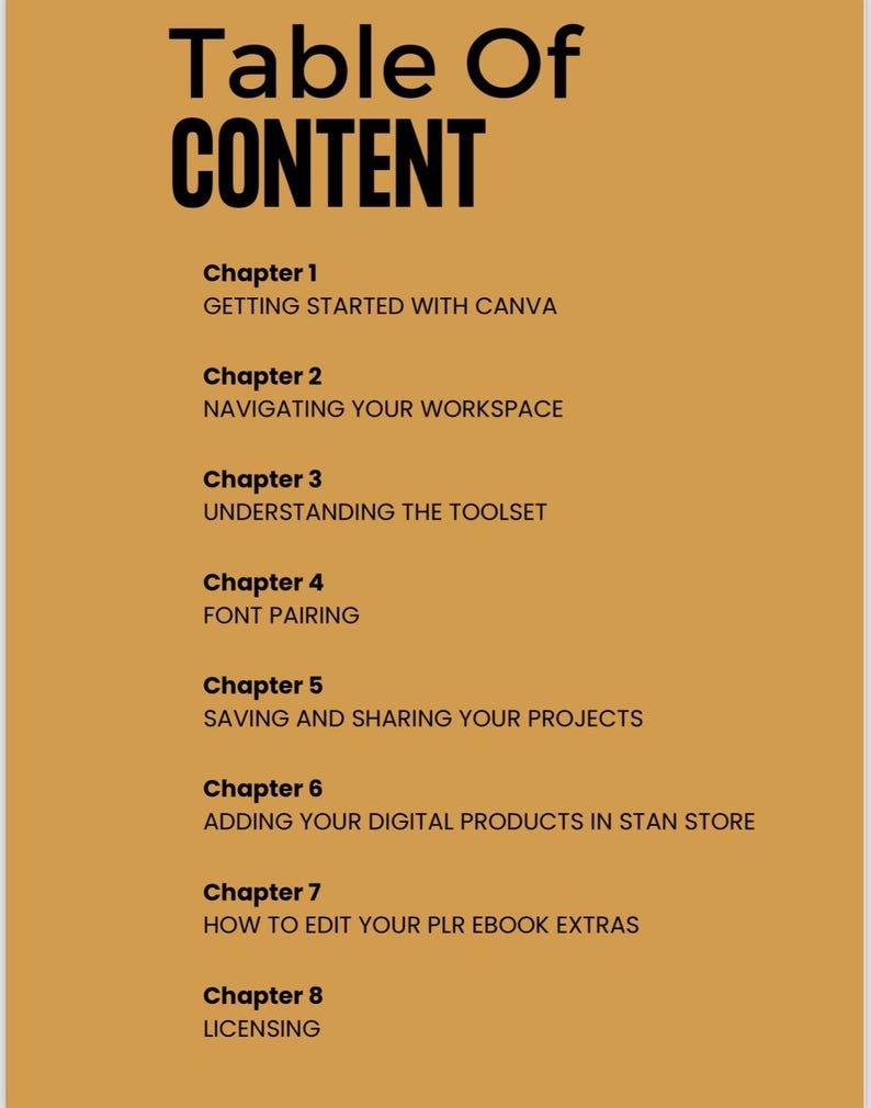 May include: Table of contents for a digital product guide on how to use Canva. Chapters include getting started, navigating the workspace, understanding the toolset, font pairing, saving and sharing projects, adding digital products to a store, editing ebooks, and licensing.