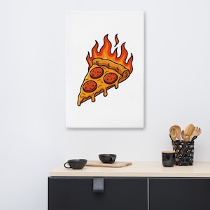 Impresión en lienzo de pizza en llamas: arte mural divertido para la cocina.