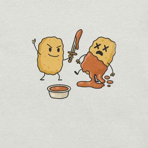 Puede incluir: Una ilustración de dibujos animados humorística muestra dos nuggets de pollo. Un nugget, empuñando una espada cubierta de salsa, se enfrenta a otro nugget, que está cubierto de salsa y tiene los ojos tachados. También hay un pequeño cuenco de salsa.