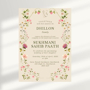 Digitale uitnodigingskaart Sukhmani Sahib Paath, gepersonaliseerde digitale sikh-uitnodiging, religieuze uitnodiging sikh, Gurdwara Paath-uitnodiging, Canva