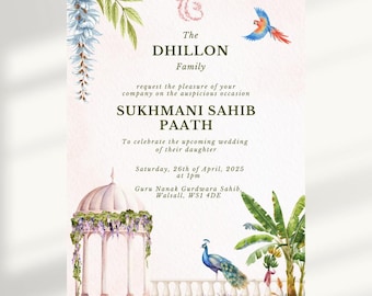 Sukhmani Sahib Paath Digitale Einladungskarte, personalisierte Sikh Digitale Einladung, Sikh Religiöse Einladung, Gurdwara Paath Laden Pfau ein