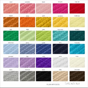 May include: A colour chart displaying plush fabric swatches with a dotted texture. Colours include coral, hot pink, navy, and chocolate. The text "PLUSH WITH DOTS" and "Little Owl's Nest" are at the bottom.