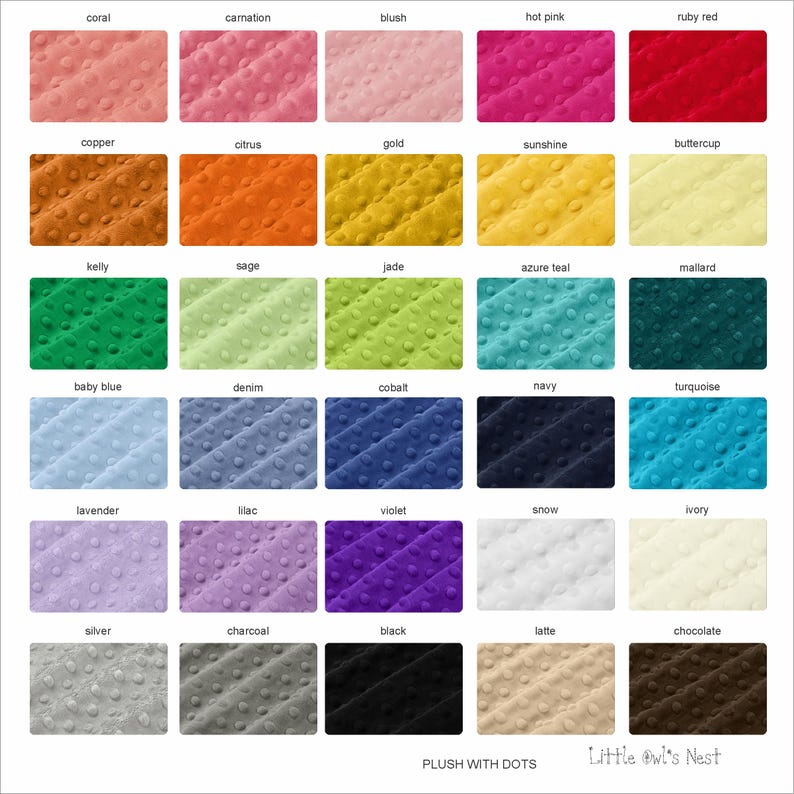 May include: A colour chart displaying plush fabric swatches with a dotted texture. Colours include coral, hot pink, navy, and chocolate. The text "PLUSH WITH DOTS" and "Little Owl's Nest" are at the bottom.