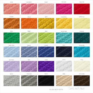 May include: A color chart of 25 fabric swatches with a variety of colors and textures. The fabric is plush with small dots. The colors are labeled with names such as coral, carnation, blush, hot pink, ruby red, copper, citrus, gold, sunshine, buttercup, kelly, sage, jade, azure teal, mallard, baby blue, denim, cobalt, navy, turquoise, lavender, lilac, violet, snow, ivory, silver, charcoal, black, latte, and chocolate. The chart is labeled "PLUSH WITH DOTS" and "Little Owl's Nest".