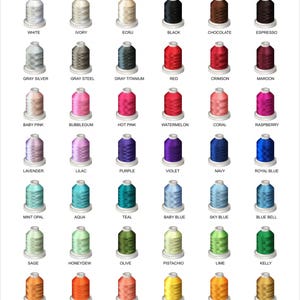 May include: A selection of embroidery thread spools in a range of colours, from white to gold. Each spool is labelled with its colour name, including "Baby Pink", "Teal", and "Sky Blue".