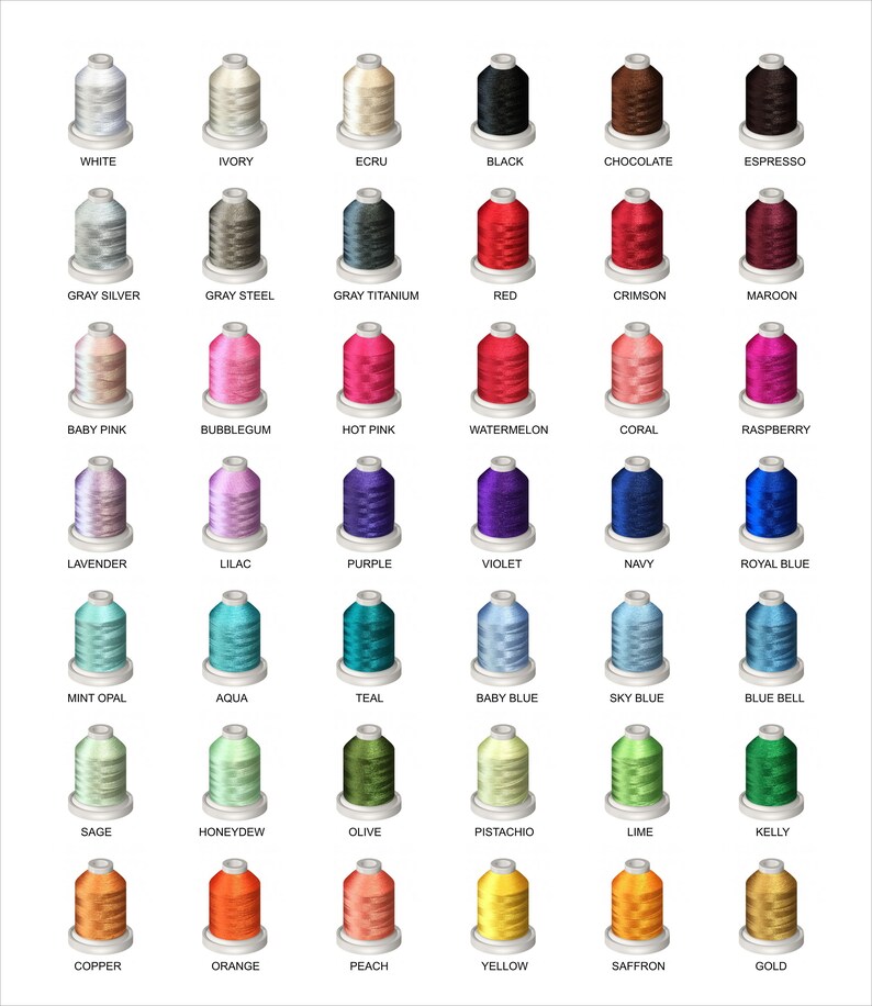 May include: A selection of embroidery thread spools in a range of colours, from white to gold. Each spool is labelled with its colour name, including "Baby Pink", "Teal", and "Sky Blue".