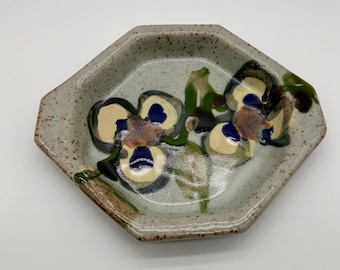 Vintage Charley Farrero Octagonal Trinket Dish – Hand-Painted Floral Stoneware Canadian Art Pottery