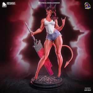 May include: A red-skinned demon figurine with horns, holding a sword and making a rock-on hand gesture. The demon wears a white tank top, denim shorts, and high heels. The base is black with a circular design. Text includes "HIGH-QUALITY PRE-SUPPORTS" and "PATREON.COM/BULKAMANCER".