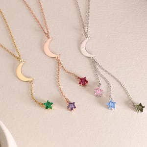 Personalized Gold Moon and Star Necklace: Custom Birthstone Jewelry