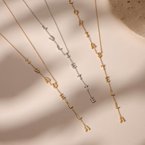 Collar con nombre Lariat: joyería vertical personalizada con nombre en oro, plata u oro rosa. Collar con letra colgante personalizado, regalo para ella.