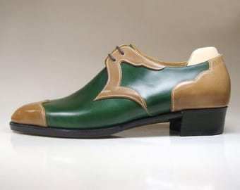 Men's Handmade Italian Leather Oxford Shoes - Green Wingtip Lace-Up