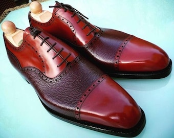 Burgundy Navy Wingtip Boots - Handmade Men Suede Two Tone  display picture 2