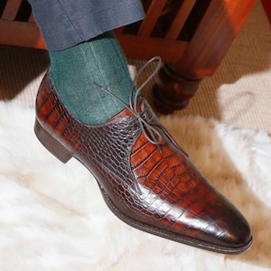 Men&#39;s Fashion Bespoke Premium Leather | Burgundy Crocodile Leather Oxford Style Lace Up Shoe