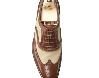 Zapatos Oxford de cuero hechos a mano con punta de ala - Marrón y tostado