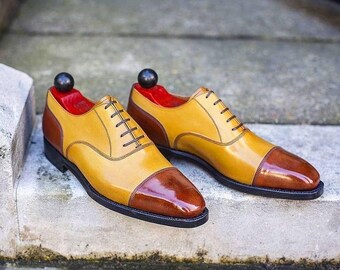 Handmade Italian Leather Oxford Wingtip Shoes, Multi Color Bespoke Design
