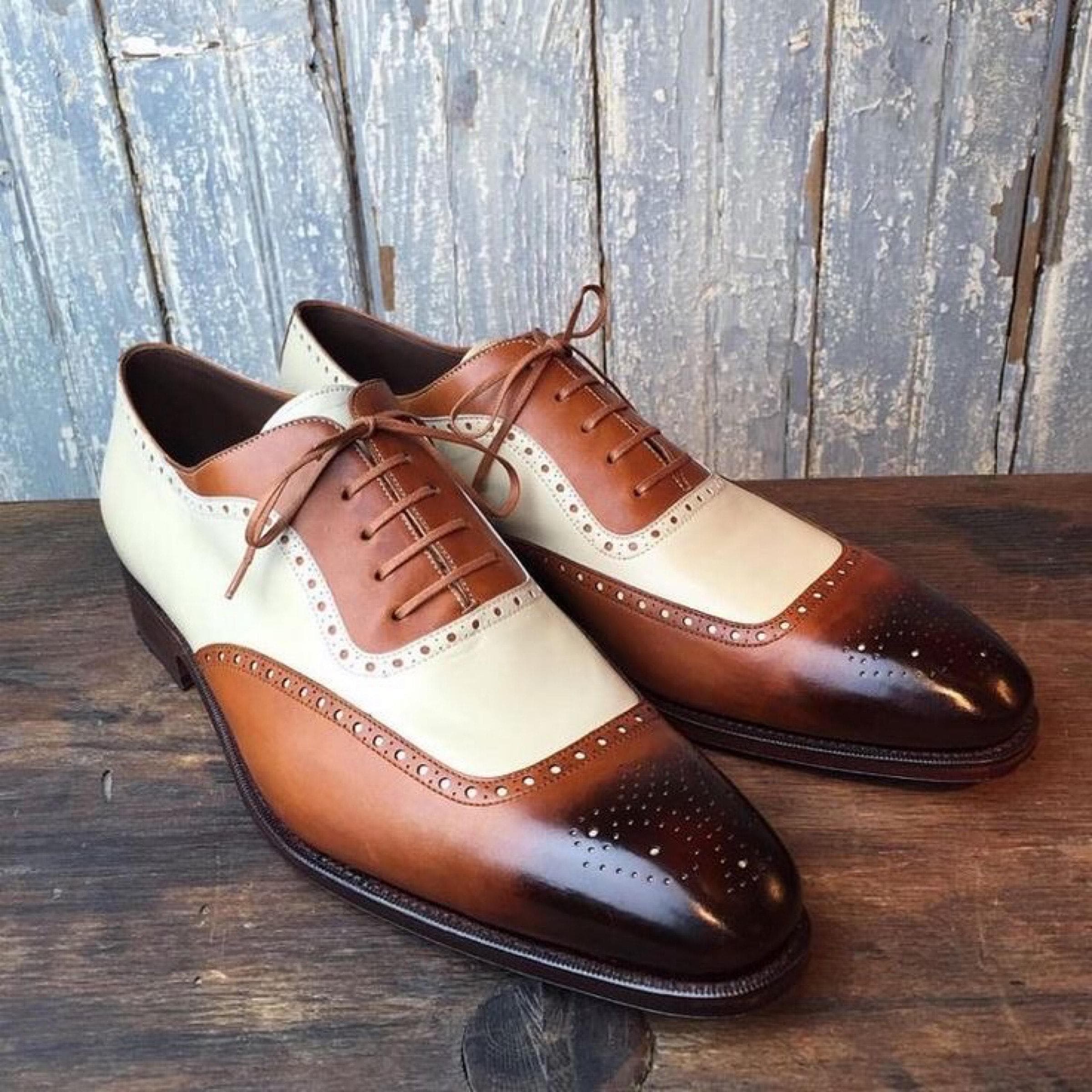 Handmade Italian Leather Oxford Wingtip Shoes: Brown & Tan 