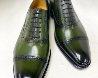 Men's Handmade Green Leather Oxford Shoes - Vintage Wingtip Lace-Up
