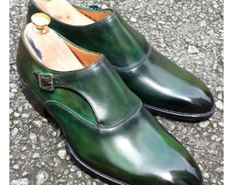 Handmade Green Patina Leather Oxford Shoes, Buckle Wingtip Style